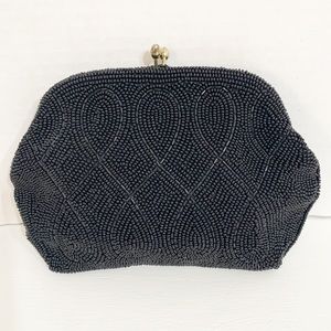 Vintage Unbranded Beaded Kiss Lock Clutch Fully Satin Lined Brass Toned Hardware